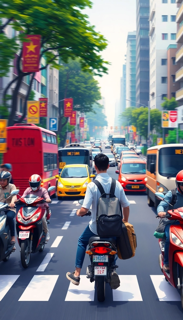 Busy Vietnamese street with motorbikes, pedestrians.