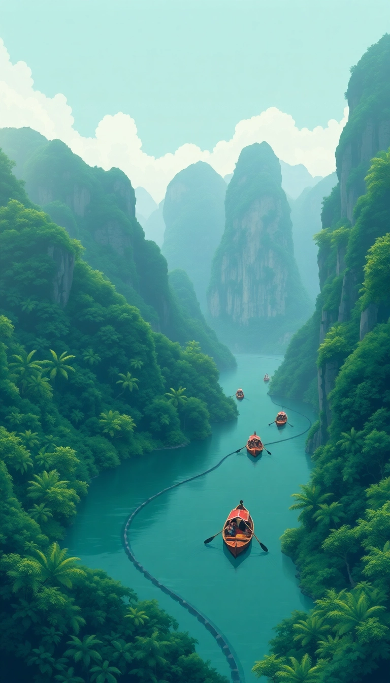 Jungle river leads to karst mountains.