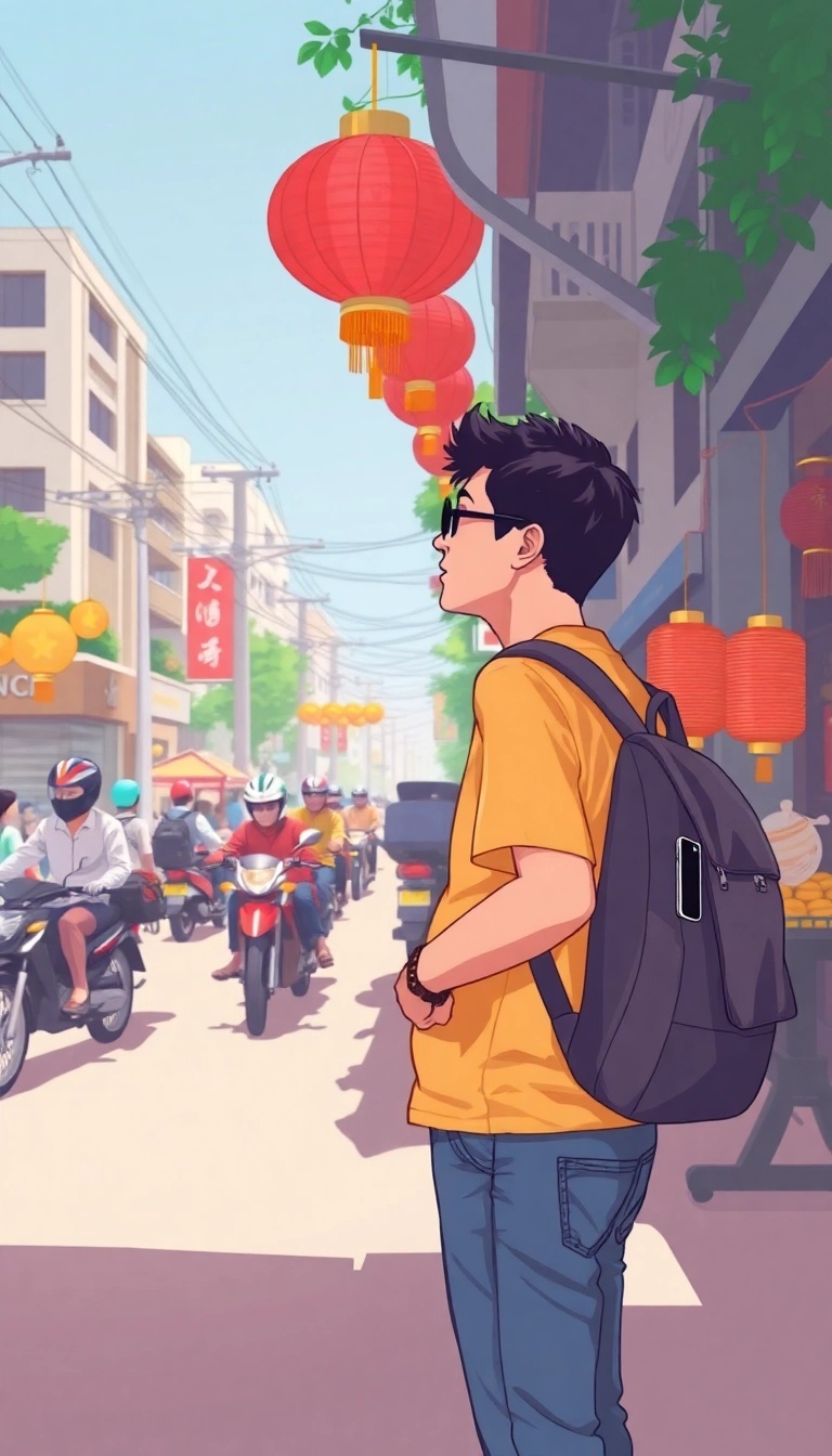 Vietnamese street scene, traveler observes artisan.