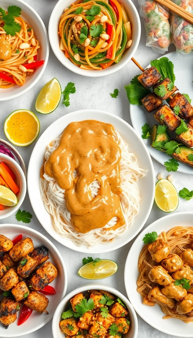 Asian cuisine flat lay with peanut sauce.