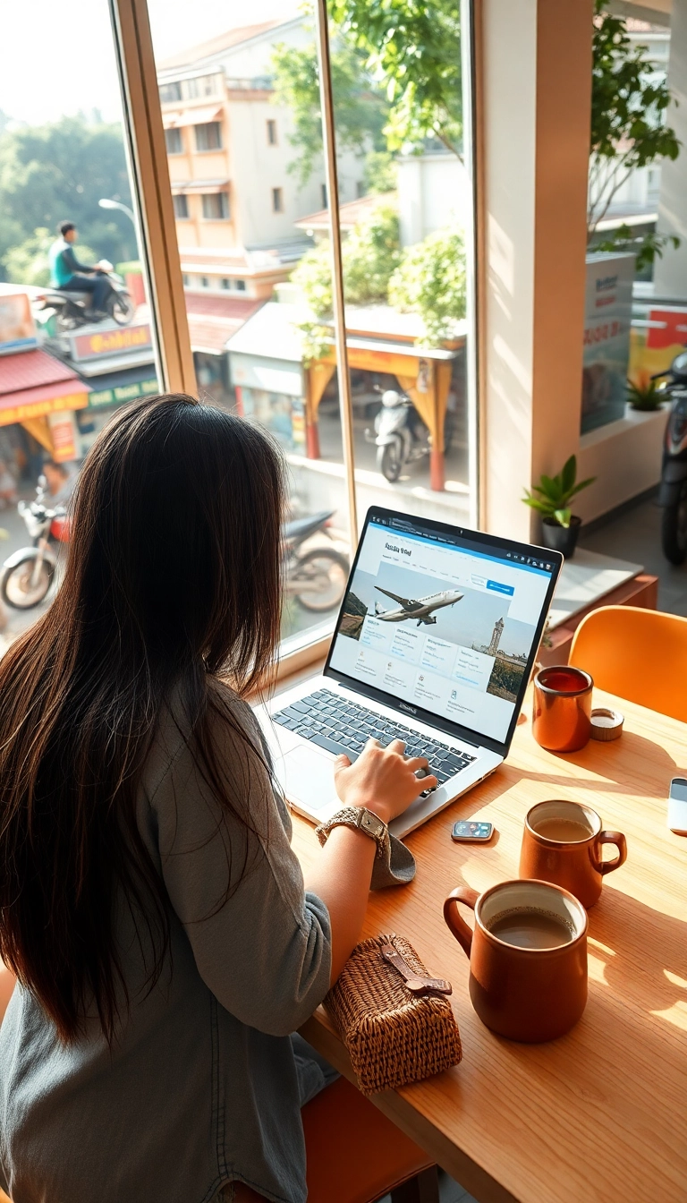 Booking Vietnam flights on laptop in cafe.