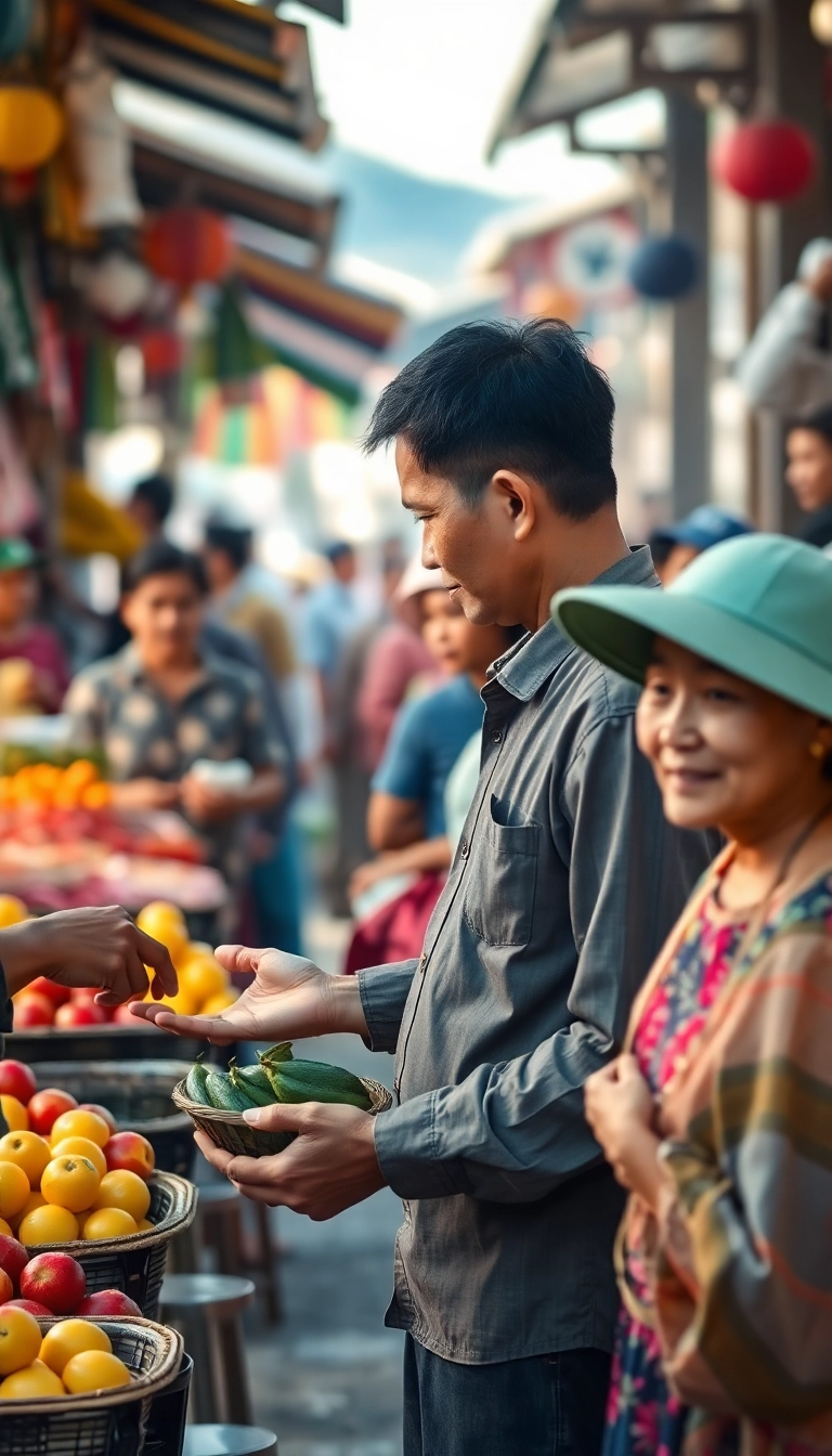 Bustling Vietnamese market, fresh fruit selection.