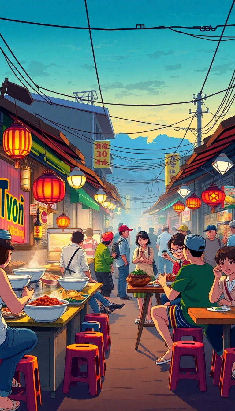 Bustling Vietnamese street food market at dusk.