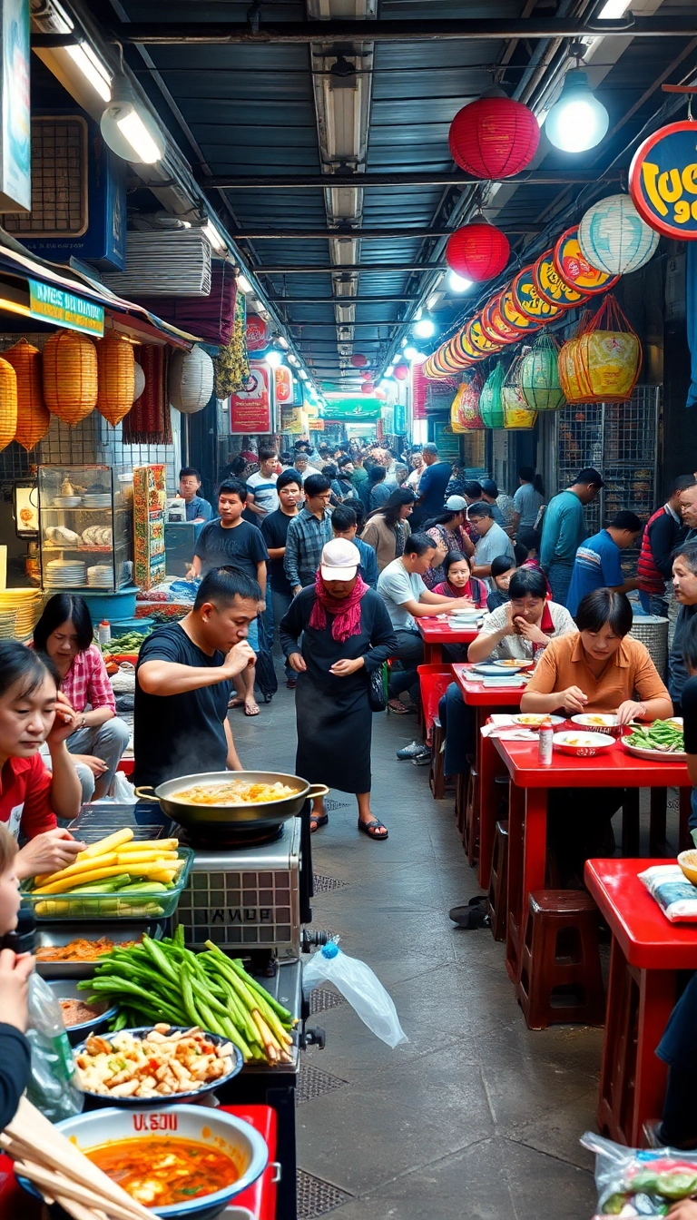 Bustling Vietnamese street food market scene.