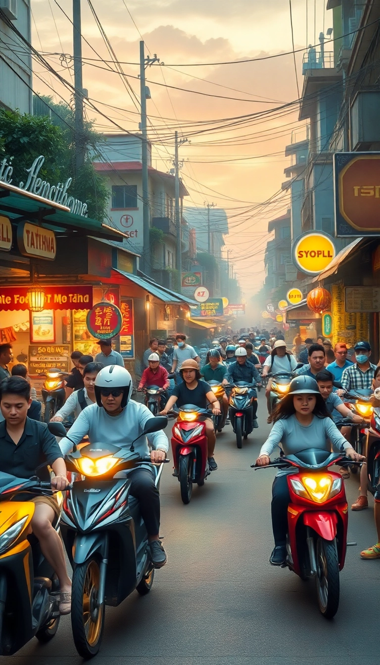 Bustling Vietnamese street food scene at dusk.