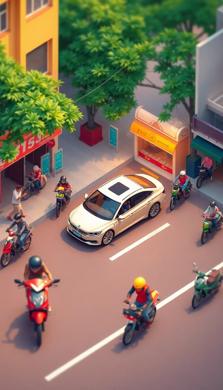 Busy Vietnamese street, golden hour light.