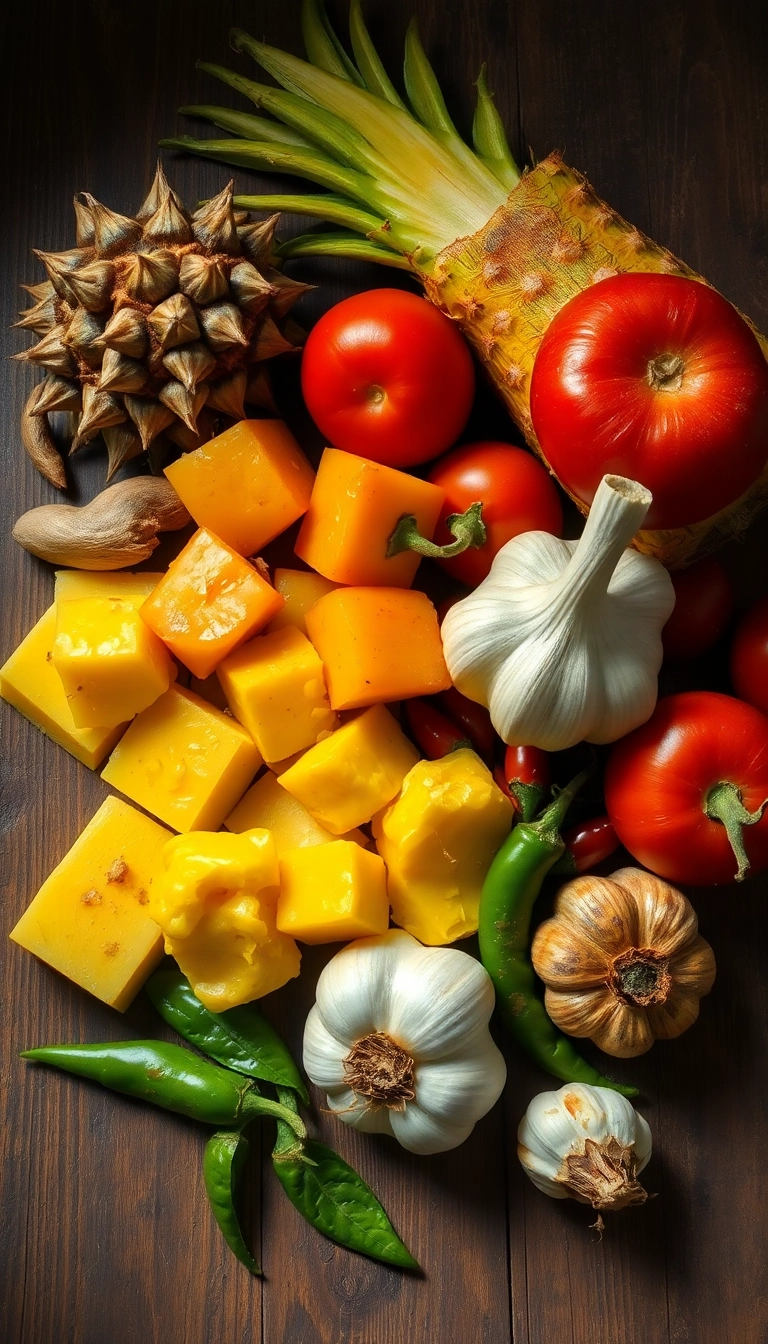 Canh Chua ingredients: tamarind, pineapple, tomatoes, chili.