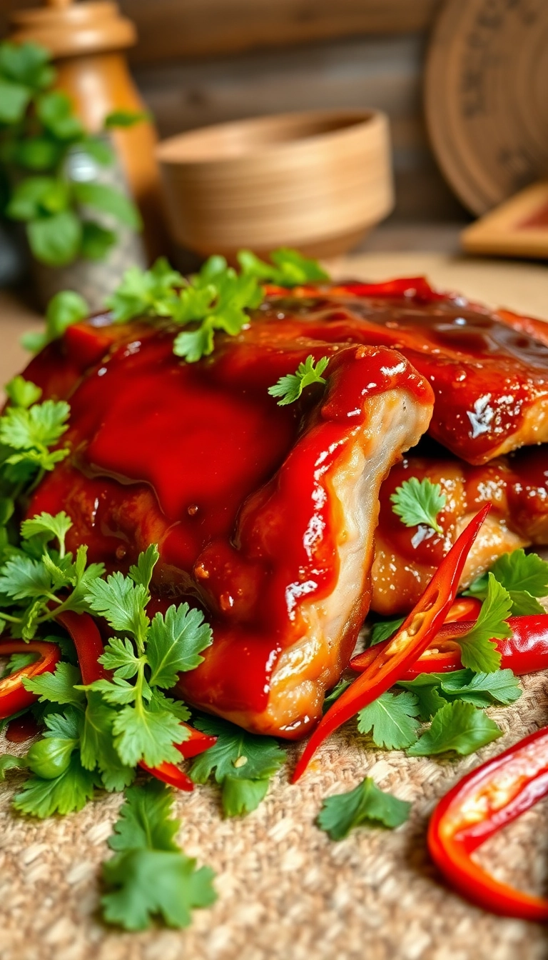 Caramel glazed pork belly with fresh herbs.
