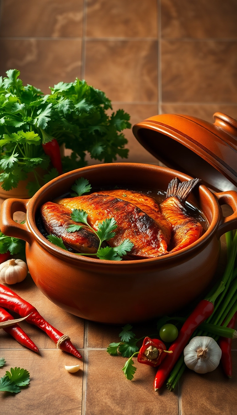 Caramelized fish with Vietnamese herbs & spices.