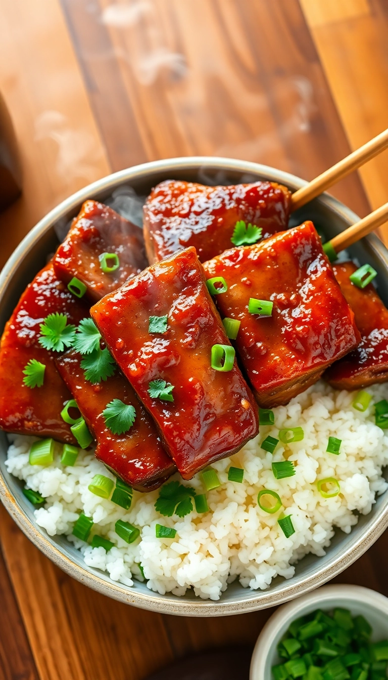 Caramelized pork belly with rice & herbs.