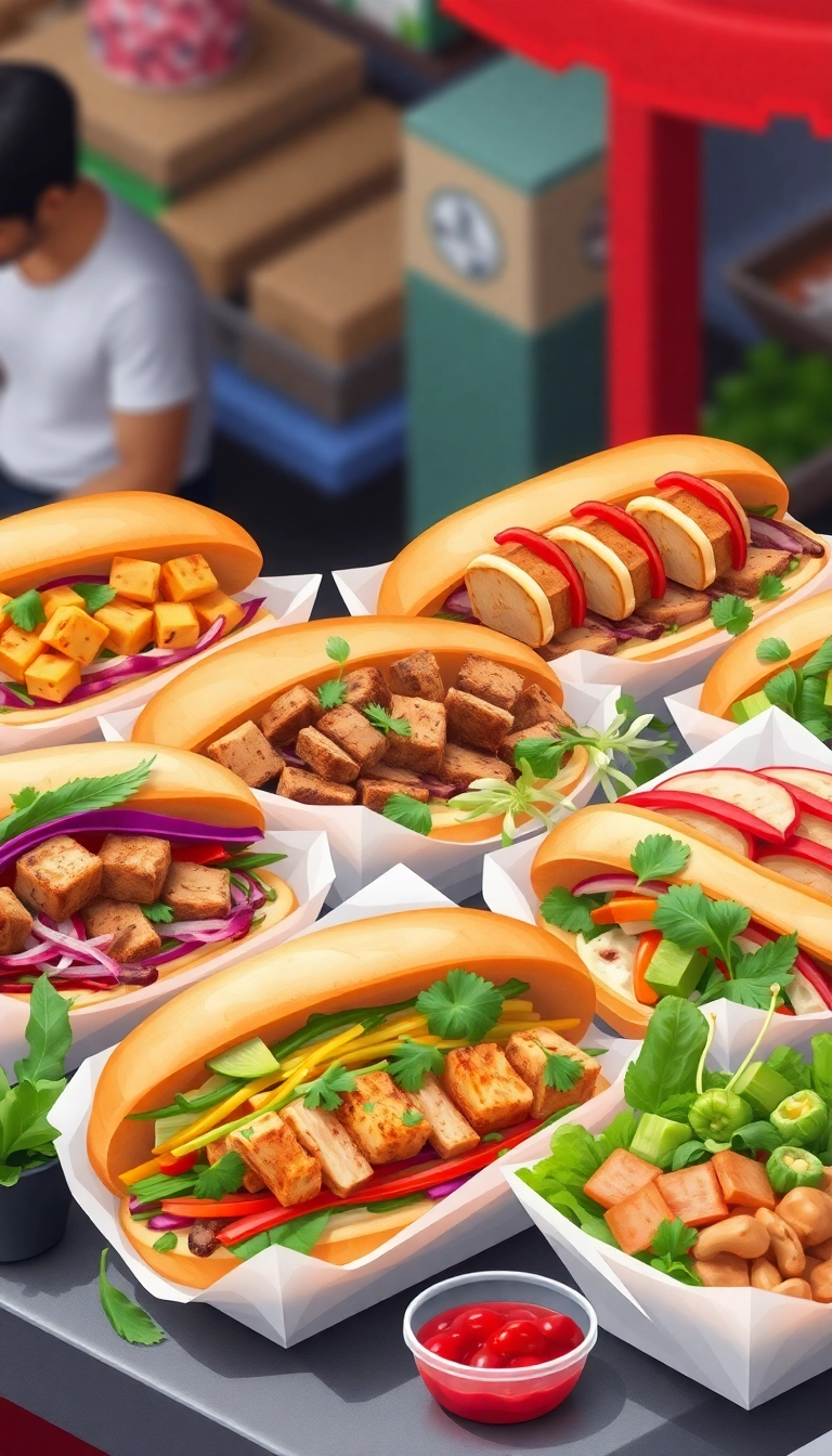 Colorful vegan Banh Mi sandwiches, street food.