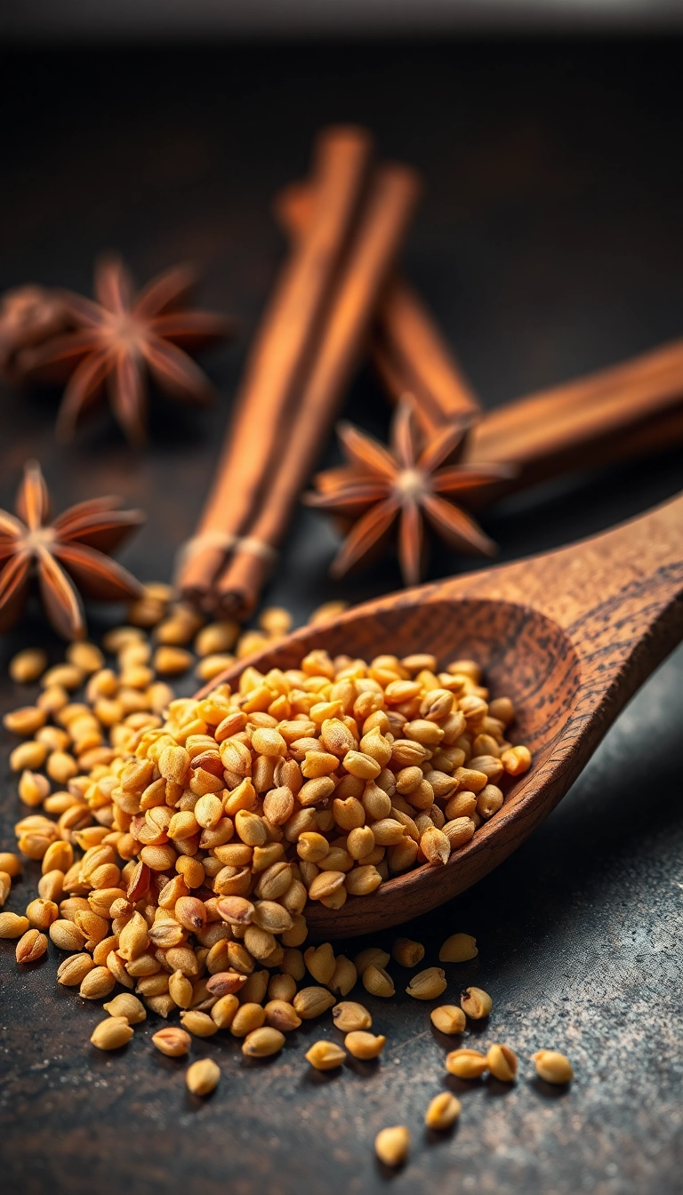 Coriander seeds spilling from wooden spoon.