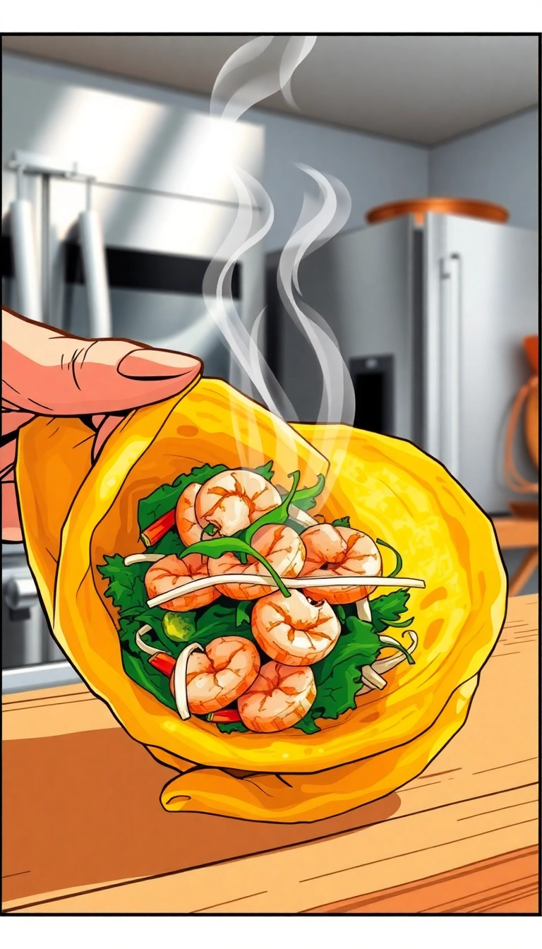 Crispy Vietnamese banh xeo with shrimp.