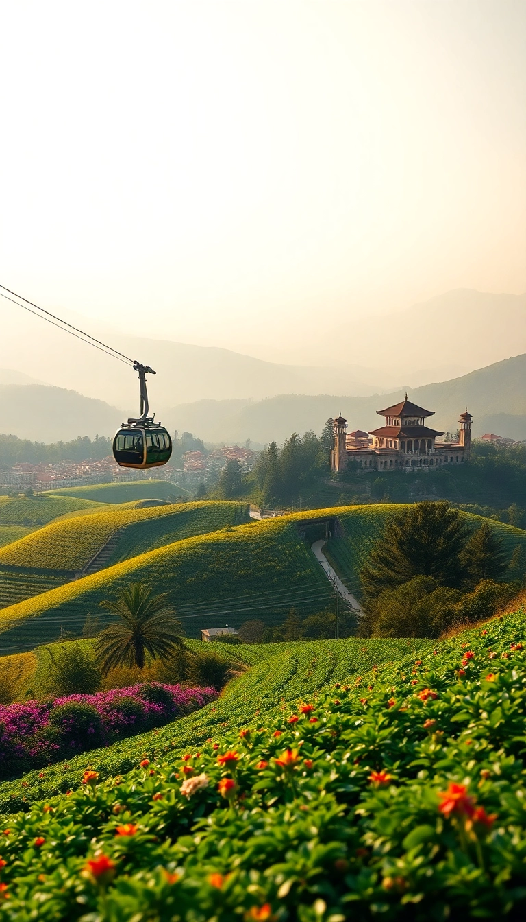 Da Lat highlands: flowers, hills, pagoda.