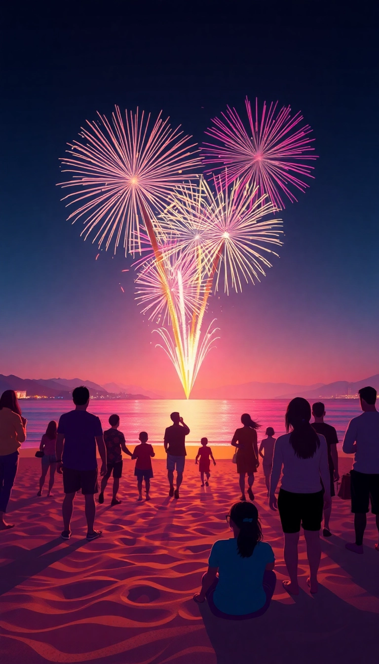 Da Nang fireworks over ocean beach.