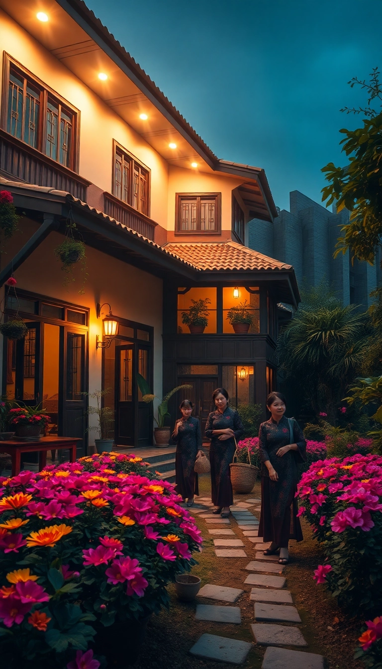 Dalat guesthouse with vibrant flower garden.