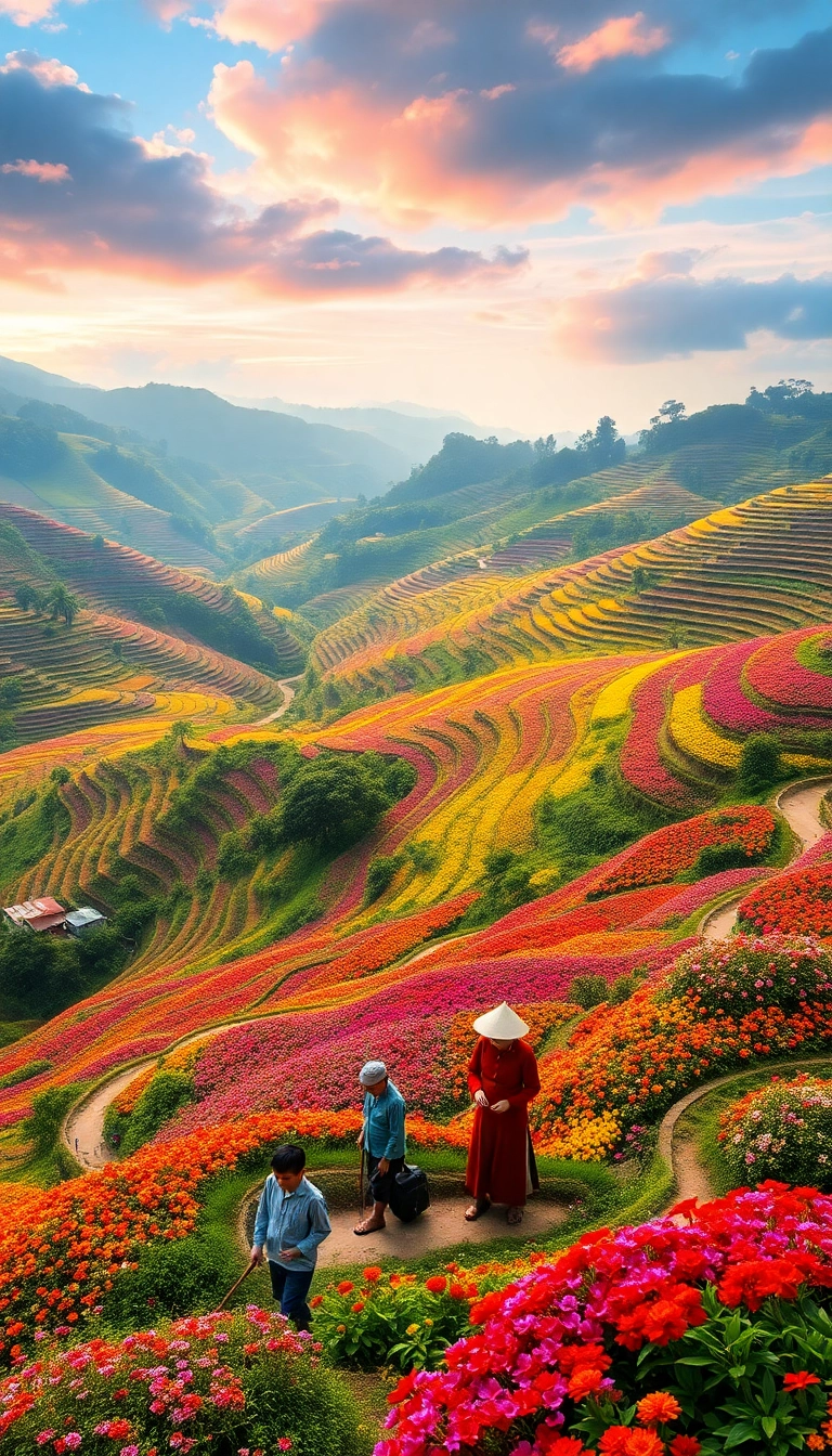 Dalat highlands: vibrant flower farms, Vietnam.