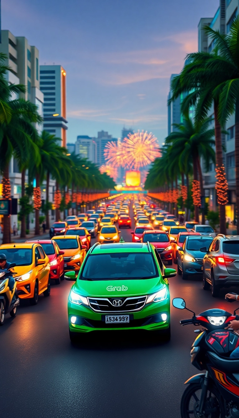 Danang street scene, twilight festival energy.