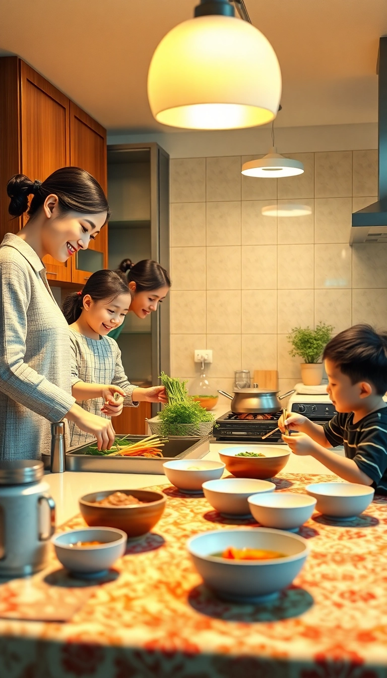 Family cooking Vietnamese meal together.