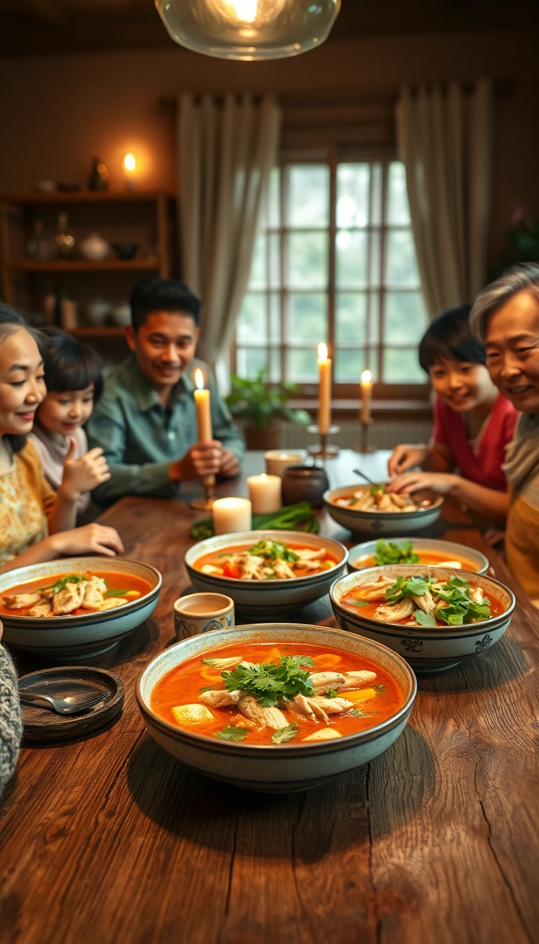 Family enjoys Vietnamese chicken soup dinner.