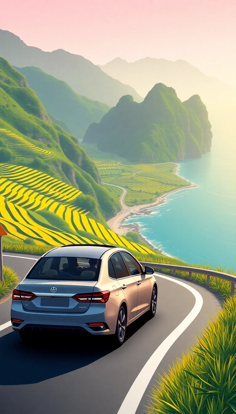 : Family road trip, Vietnam coastal scenery.