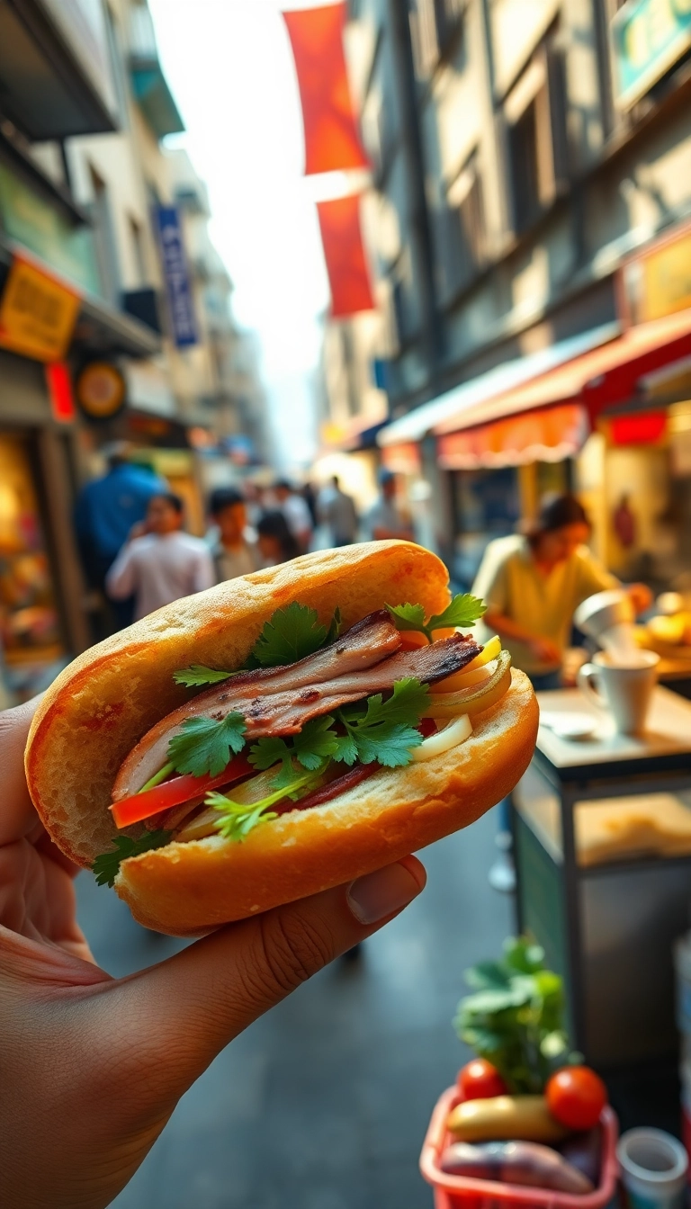 Fresh Banh Mi sandwich, Vietnamese street food.