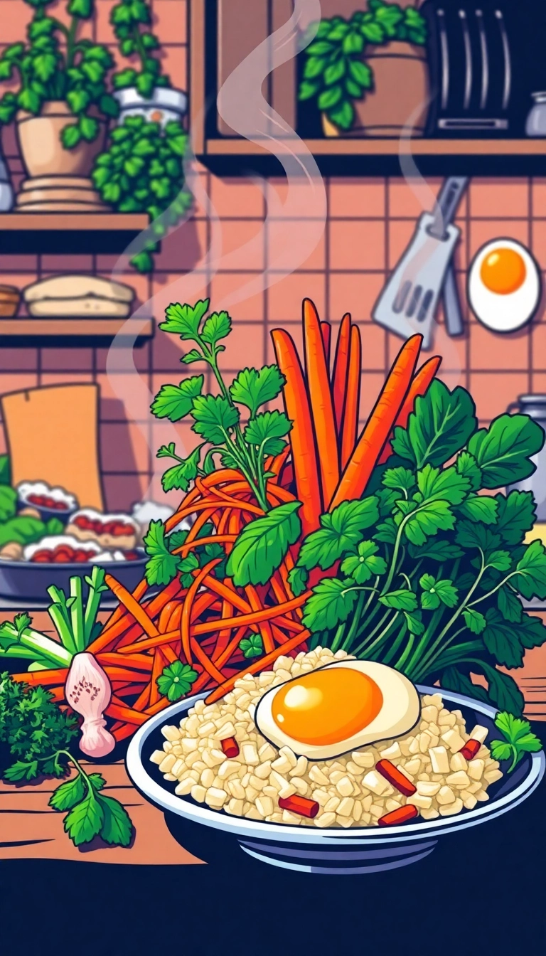 Fresh herbs, pickled vegetables, Vietnamese com tam.