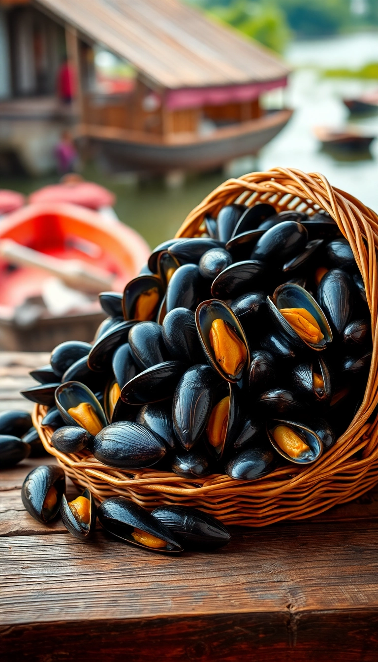 Fresh mussels in bamboo basket, Vietnam.