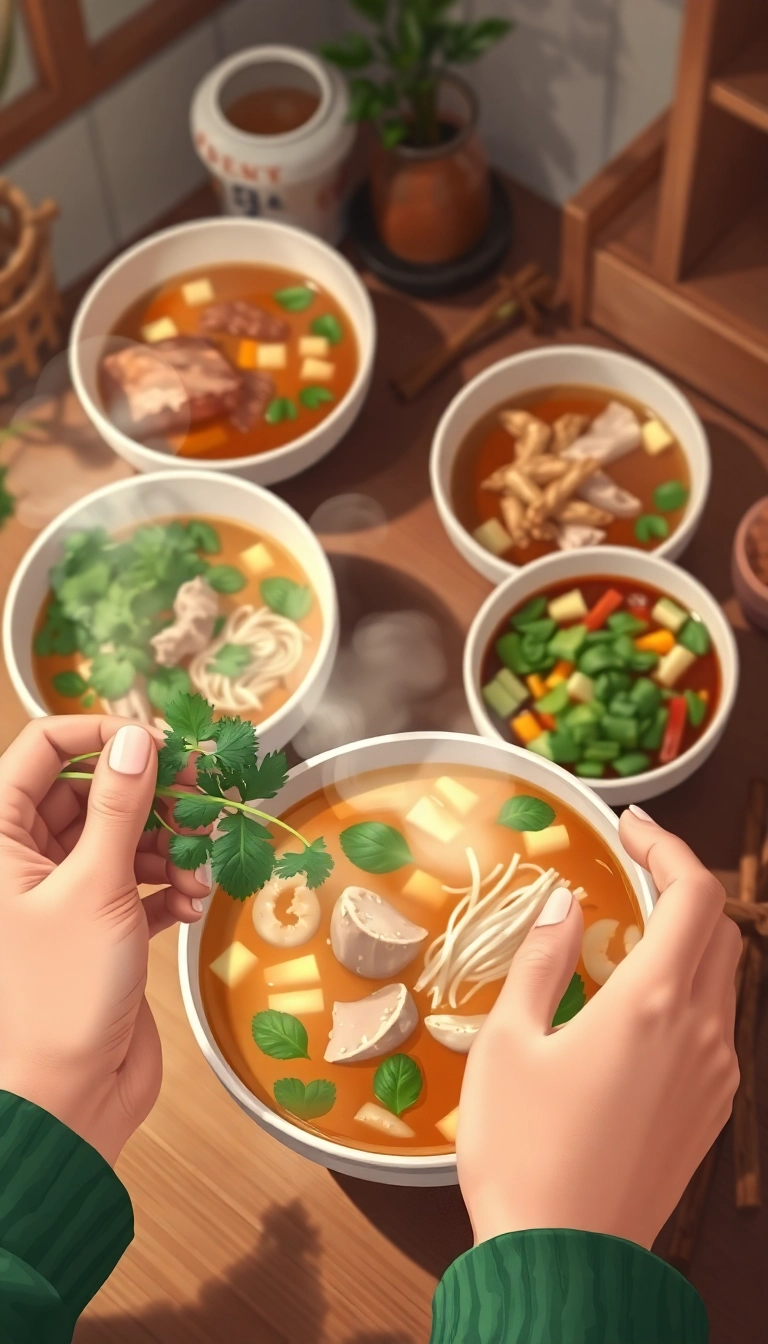 Fresh pho bowls with herbs & steam.