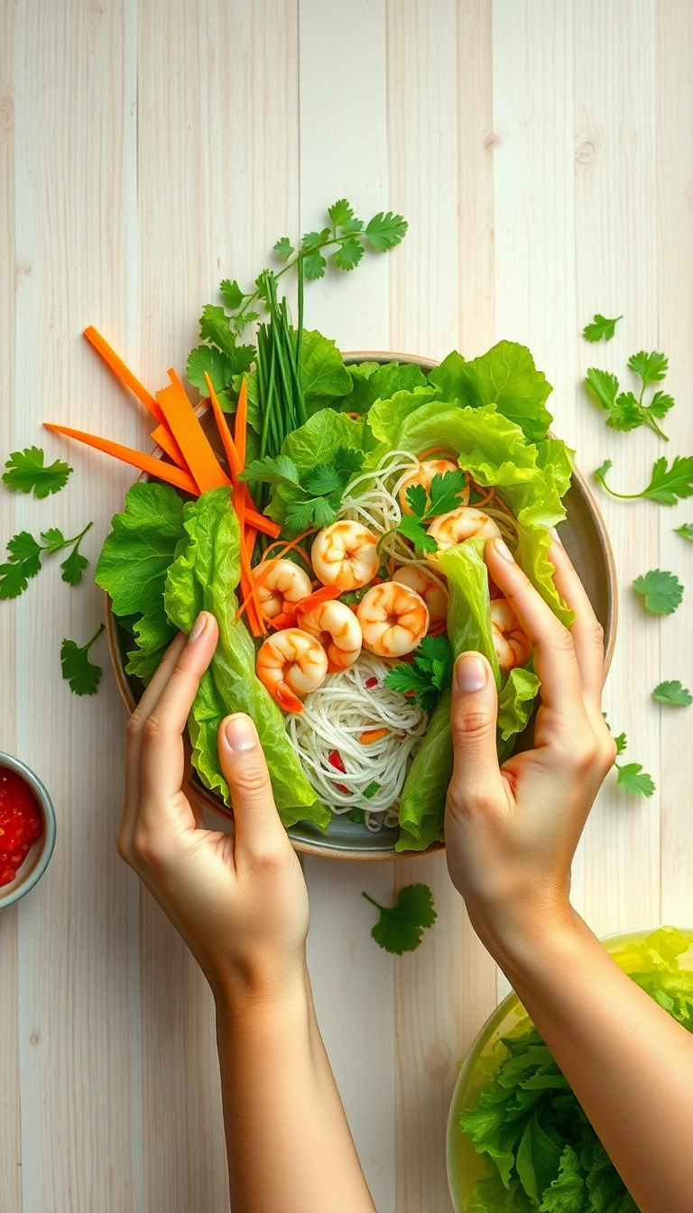 Fresh spring rolls being assembled by hand.