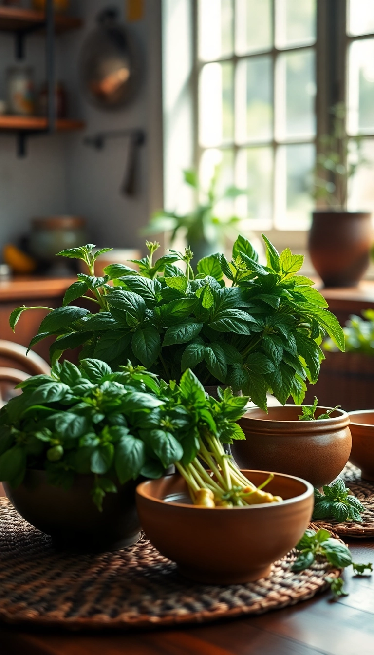 Fresh Thai basil, cilantro, and mint.