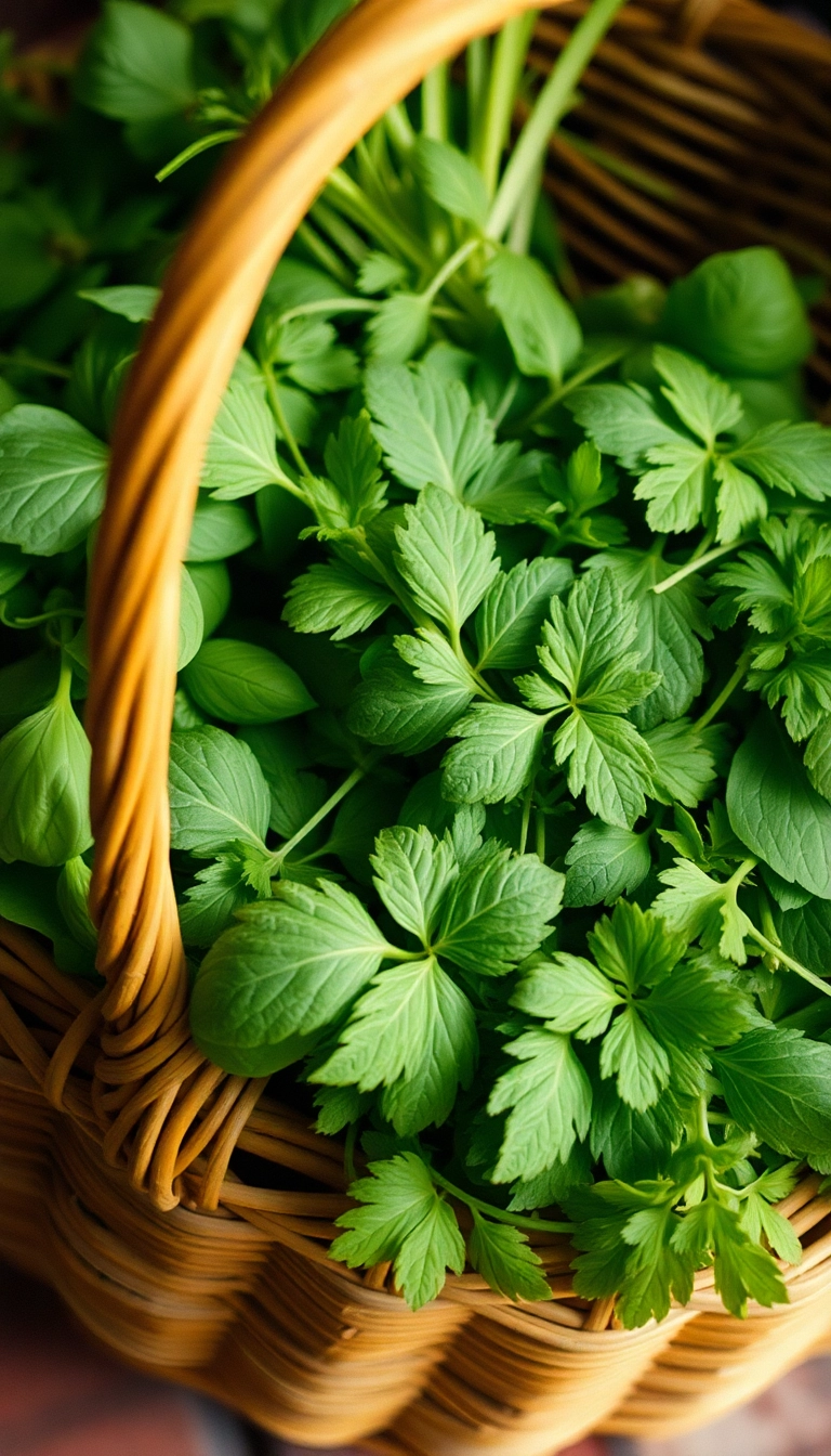 Fresh Vietnamese herbs in bamboo basket.