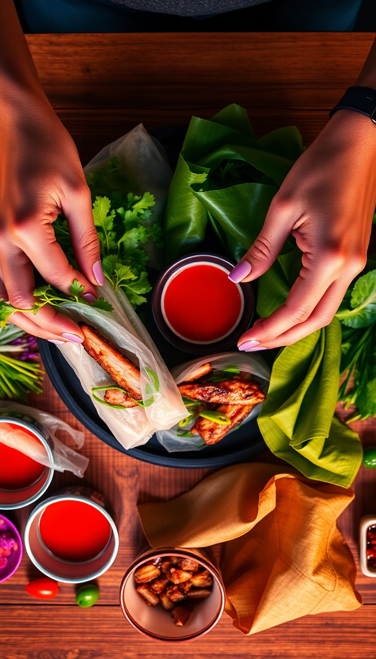 Fresh Vietnamese spring rolls being made.