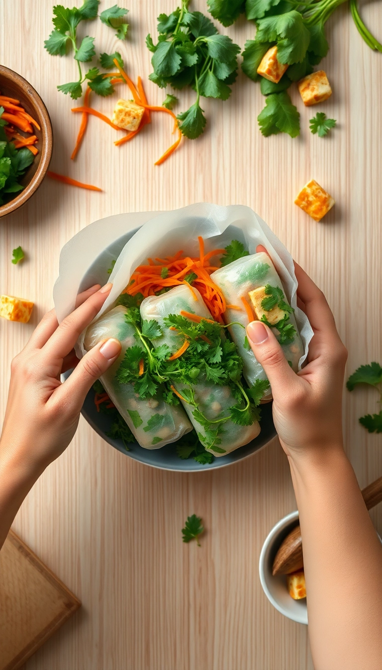 Fresh Vietnamese spring rolls being prepared.