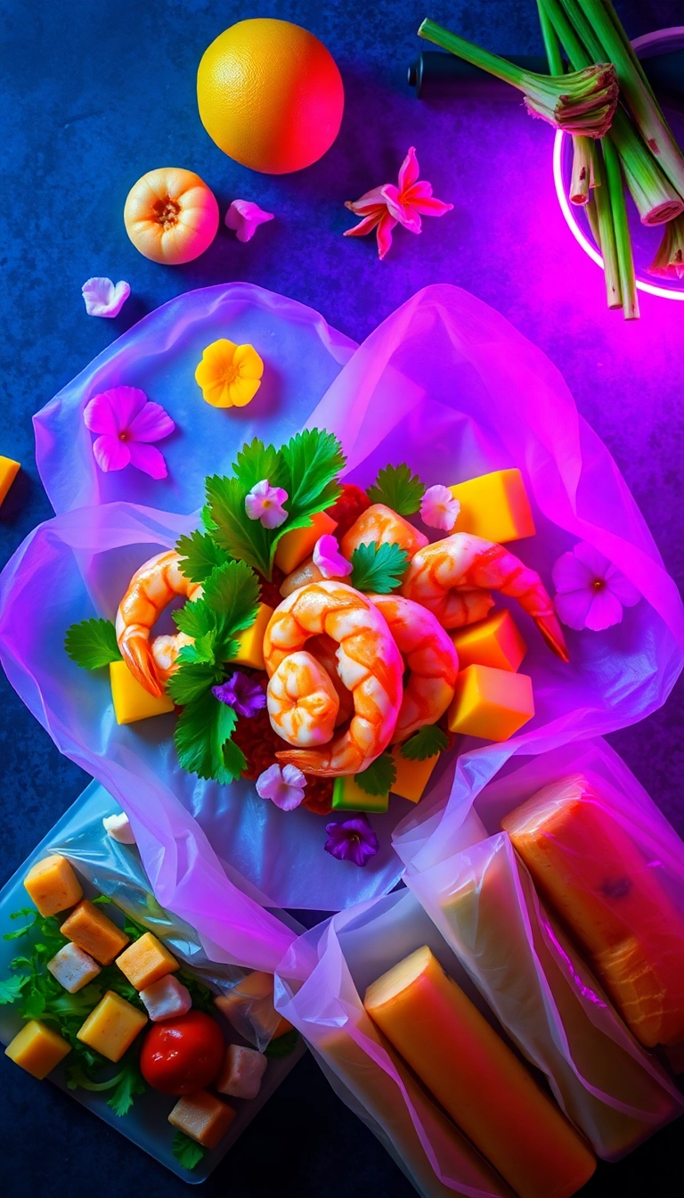 Fresh Vietnamese spring rolls ingredients arranged.