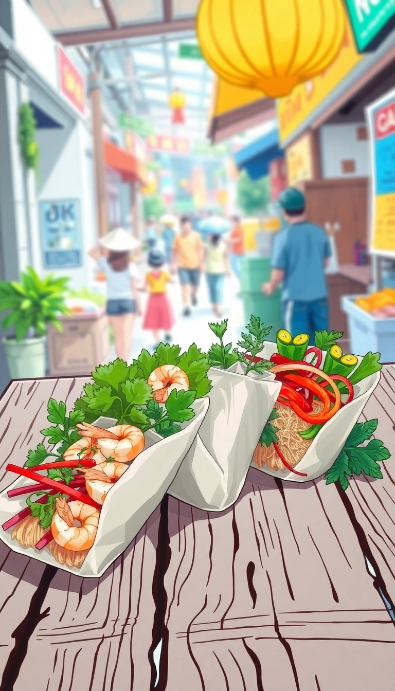 Fresh Vietnamese spring rolls on wood.