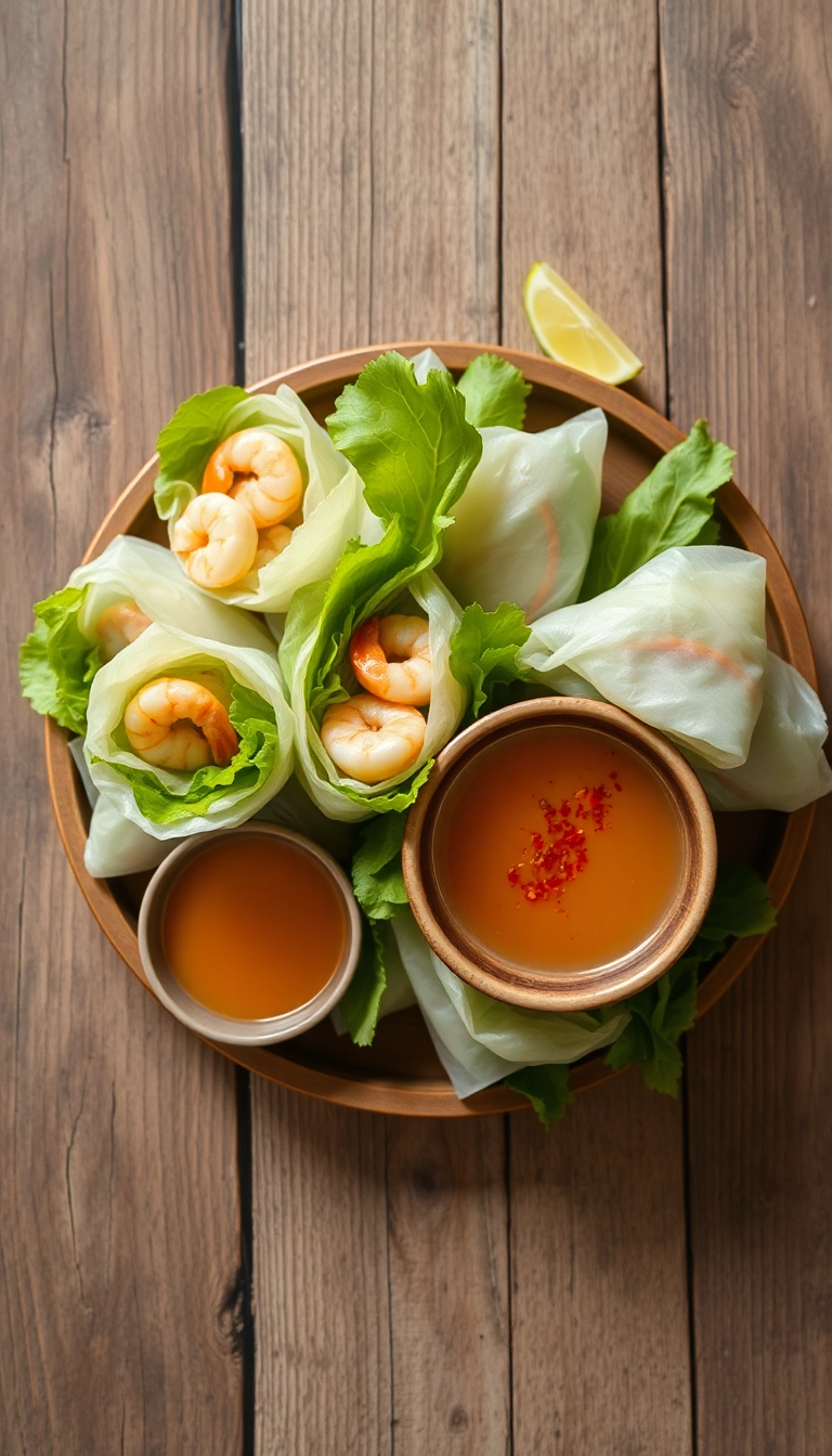 Fresh Vietnamese spring rolls with dipping sauce.