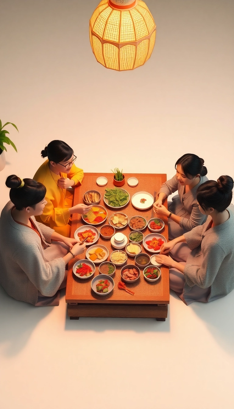 Friends & family share Vietnamese meal.