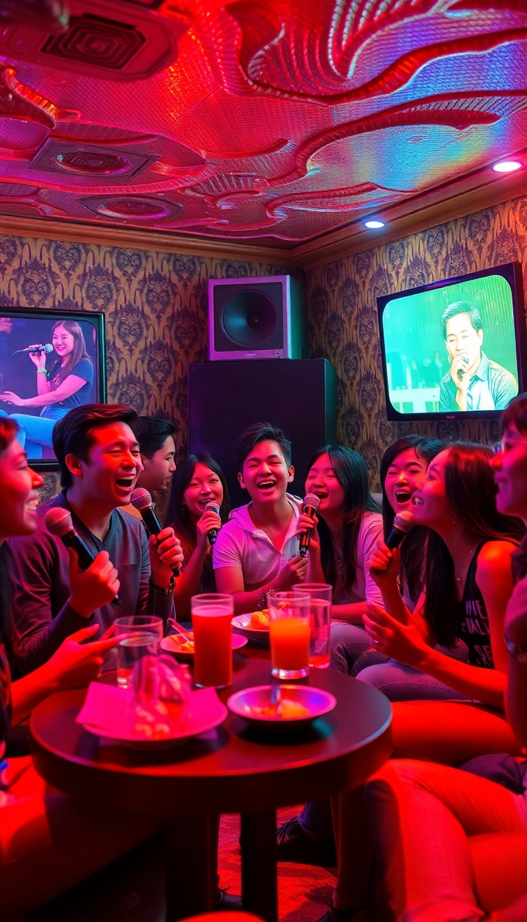 Friends singing karaoke in Vietnam.