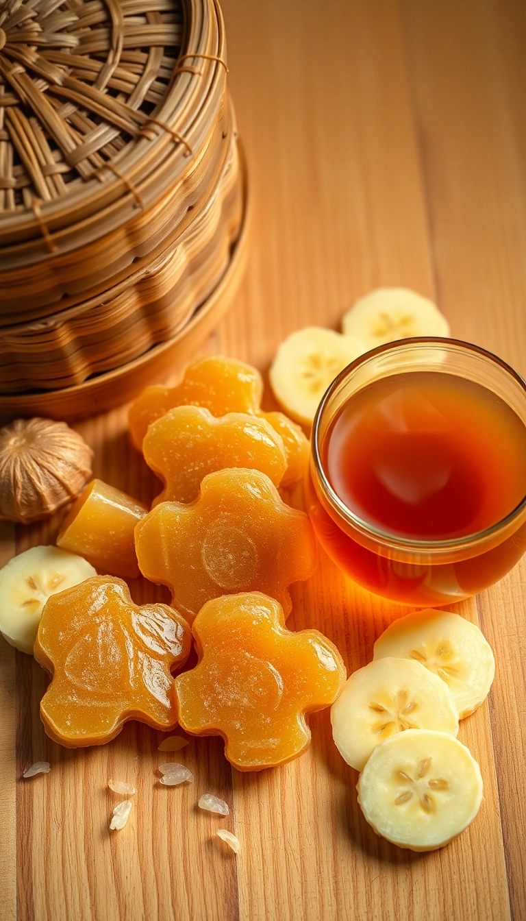 Ginger candies, banana, tea, sticky rice.