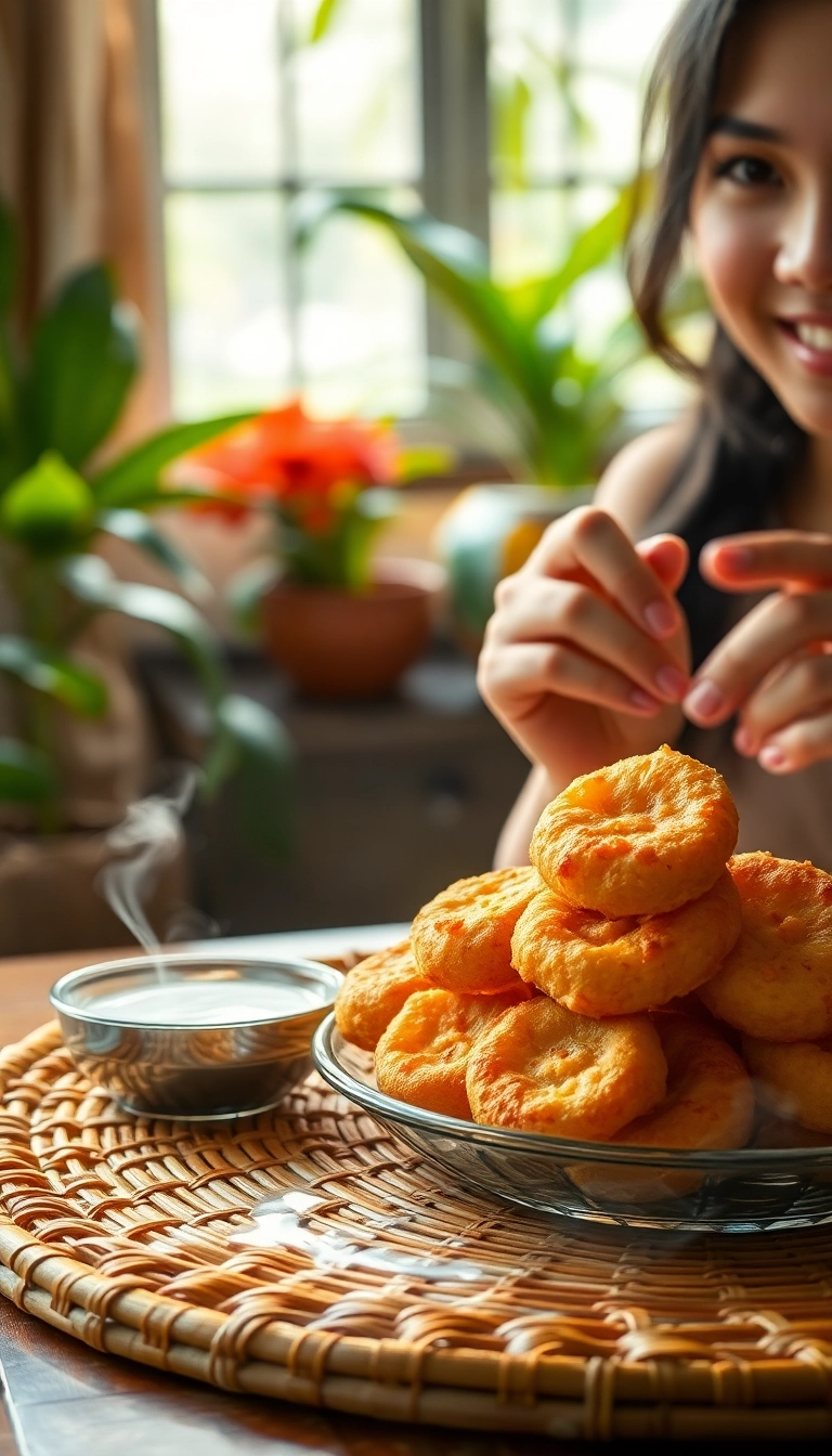 Golden banana fritters with condensed milk.