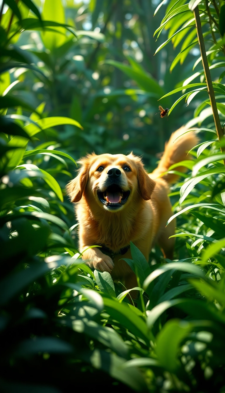 Golden retriever explores lush Vietnamese jungle.
