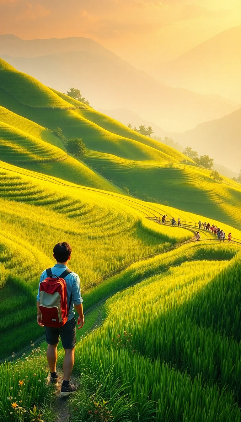 Golden rice paddies, Vietnamese hillside view.