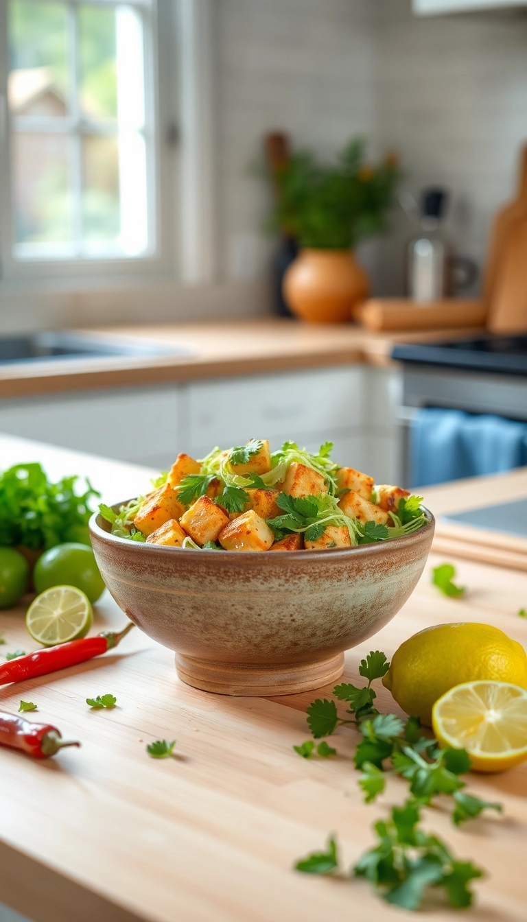 Golden tofu salad with fresh herbs.