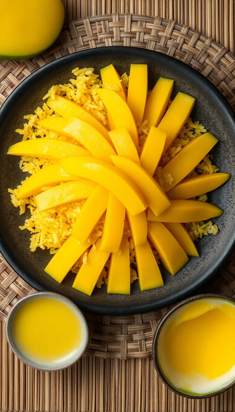 Golden *xôi* with ripe mango & coconut.