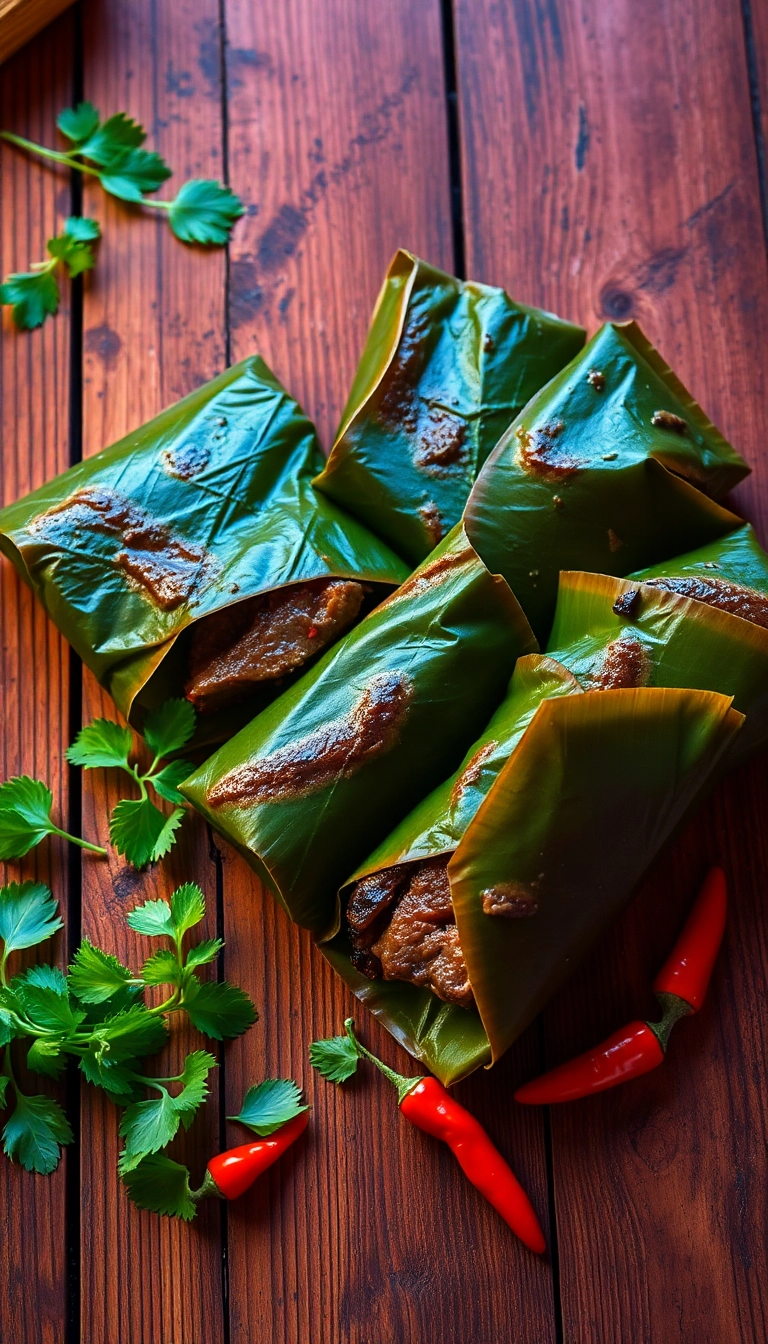 Grilled beef in banana leaf packets.