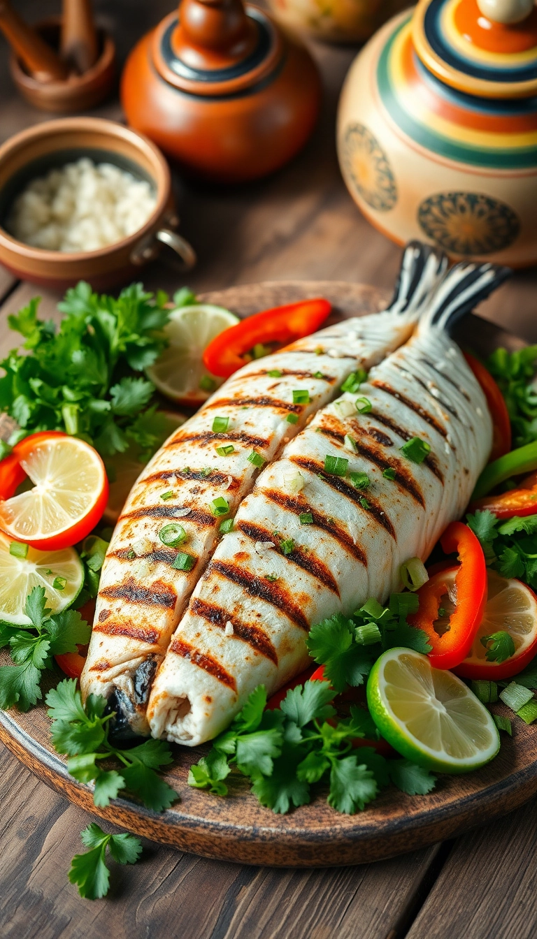 Grilled fish with herbs & vegetables.