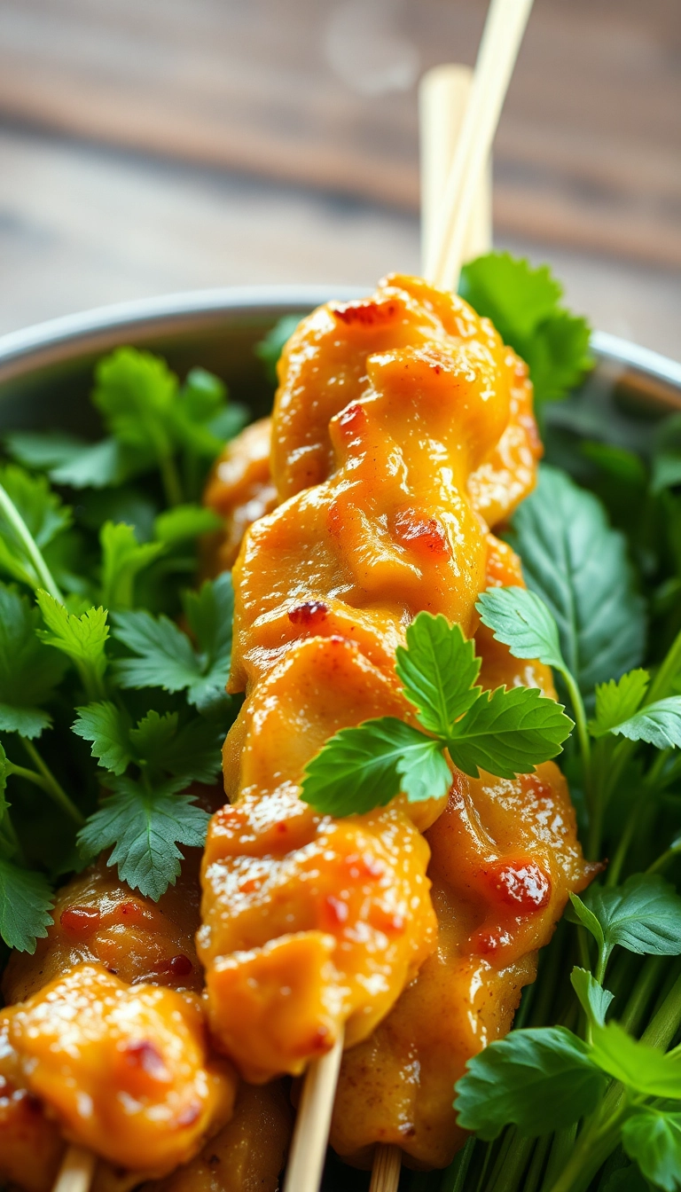 Grilled lemongrass chicken skewers with fresh herbs.