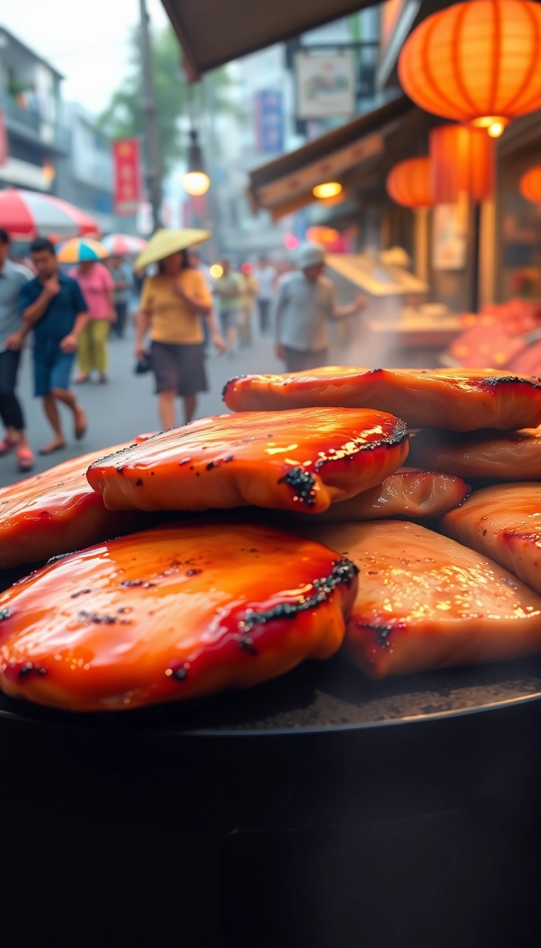 Grilled pork patties cooking on charcoal brazier.