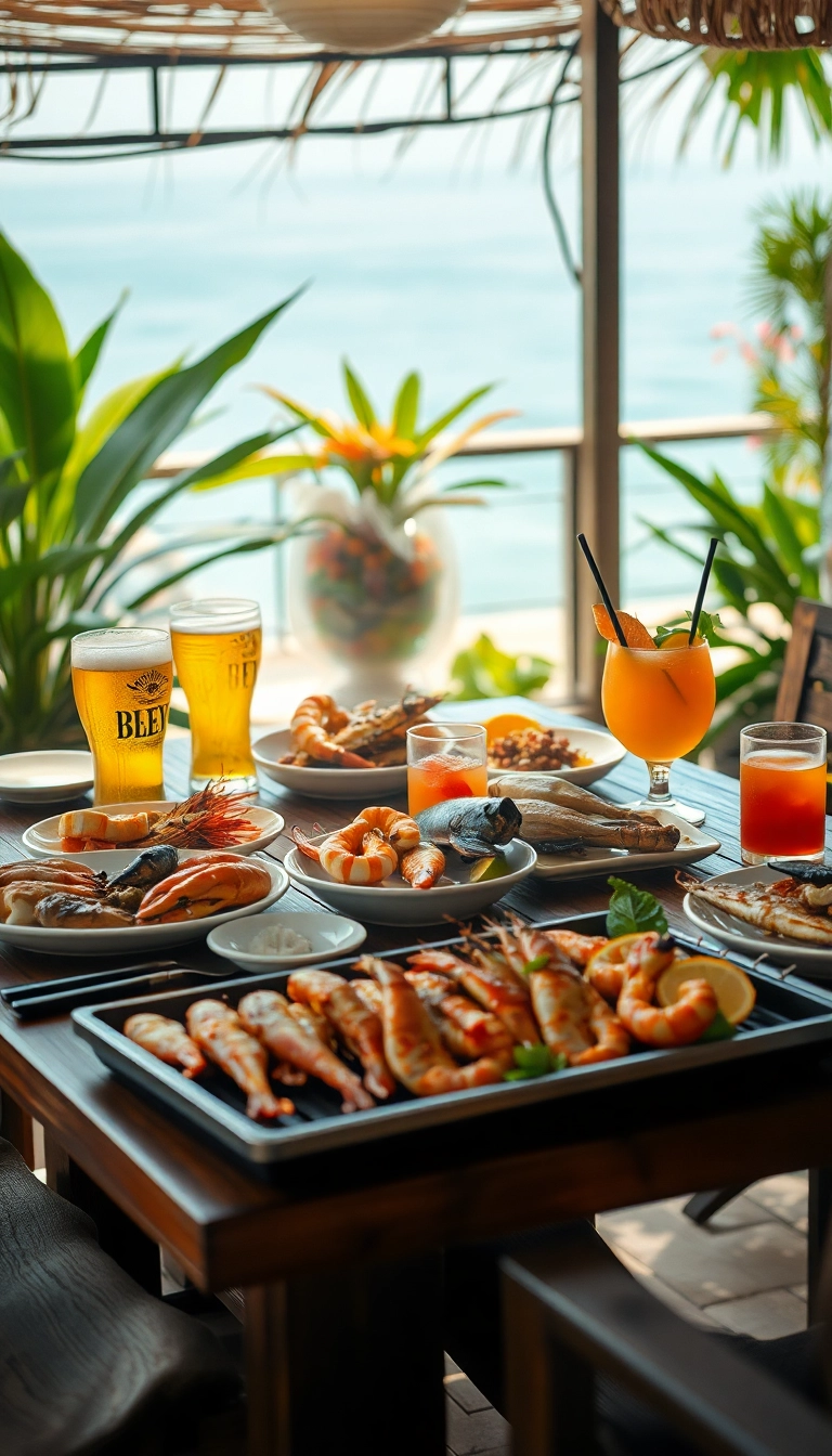 Grilled Vietnamese seafood with drinks outdoors.